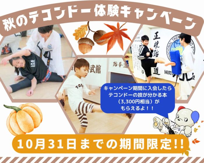 秋のテコンドー体験キャンペーン 10月31日までの期間限定 期間中に入会するとテコンドーの技が分かる本(3,300円相当)がもらえる