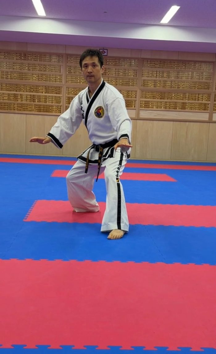 テコンドーの道着で構えをとる演武者