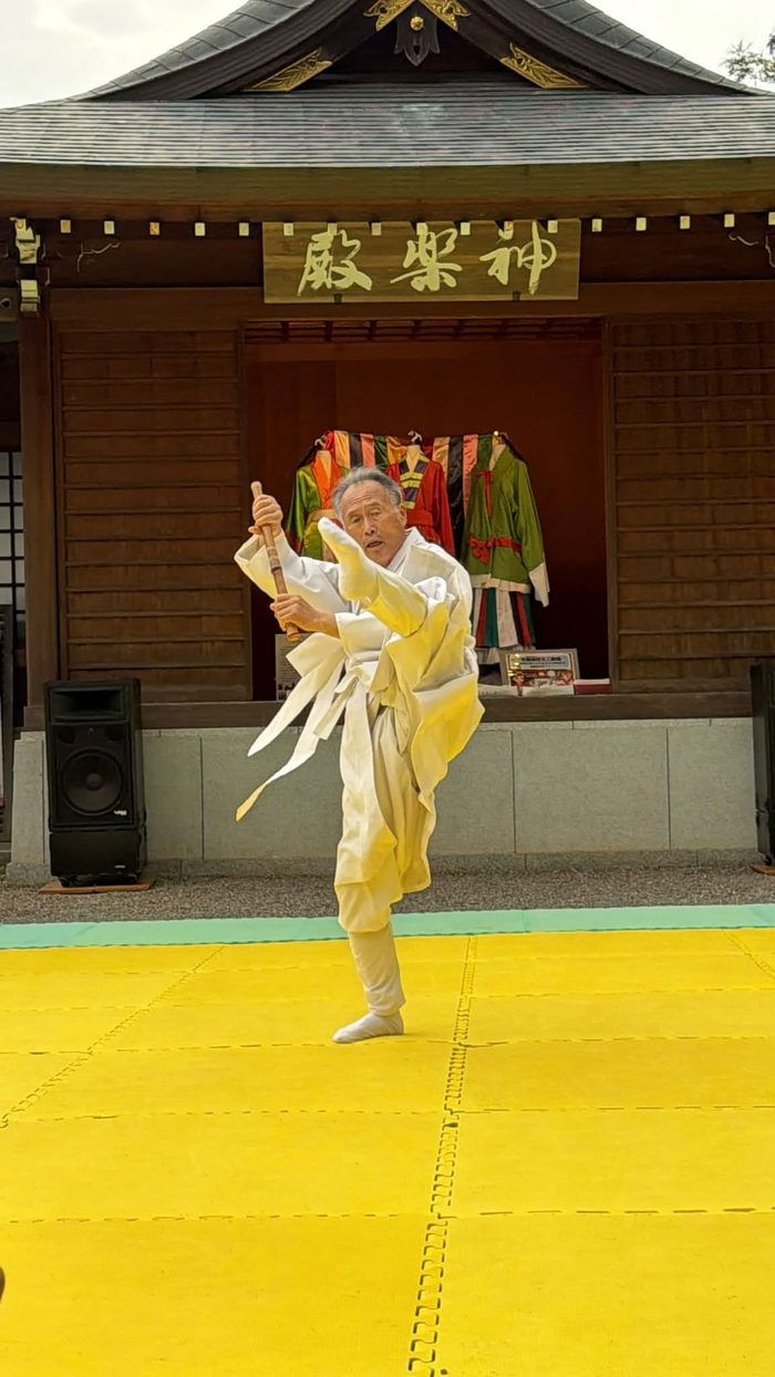 片足を上げるテッキョンの演武