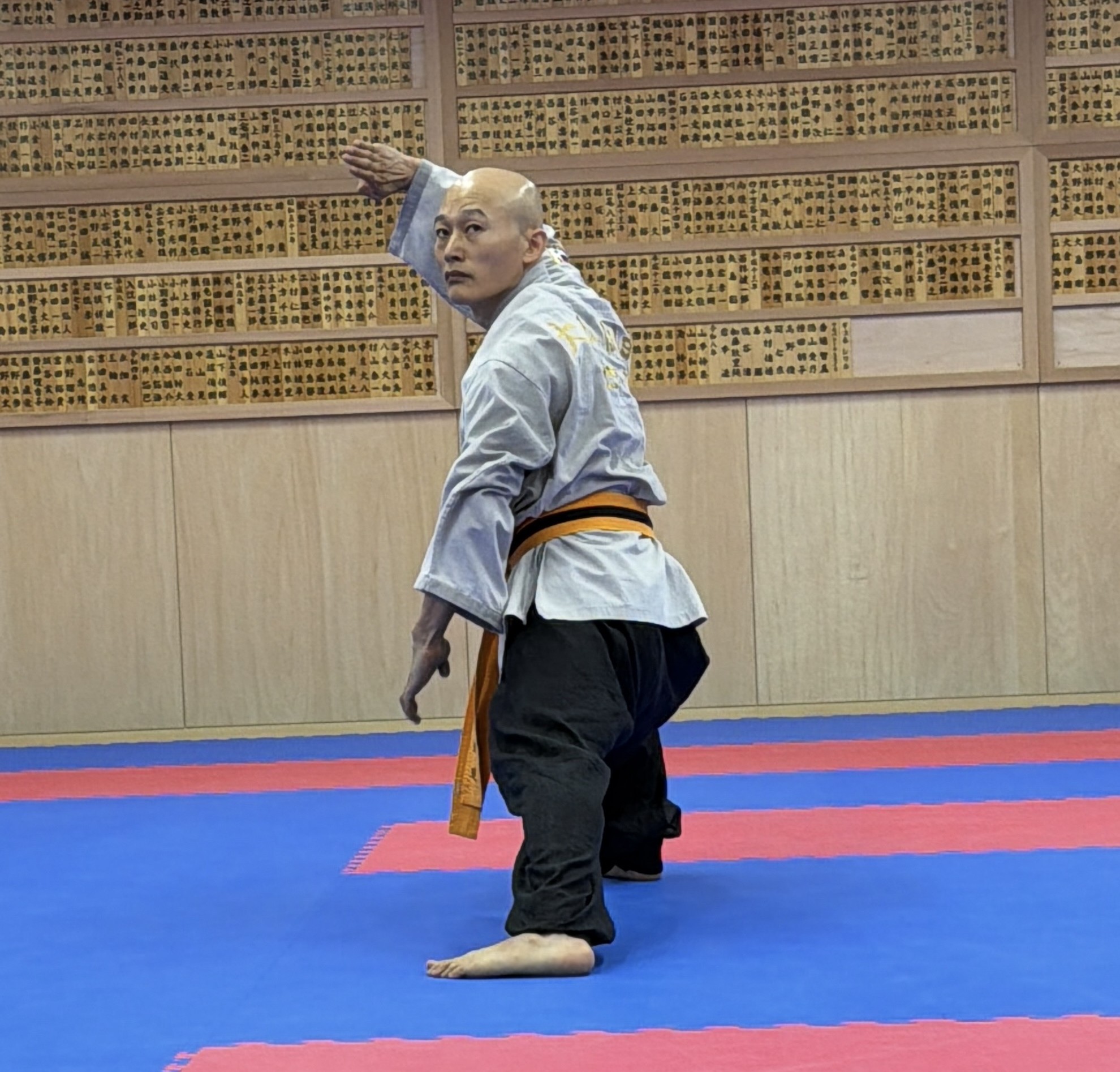 灰色の道衣に橙色の帯で低く構える武芸家